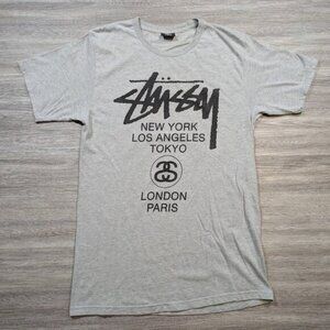 Stussy Men's Medium World Tour Graphic T Shirt Grey Black Streetwear Y2K Logo